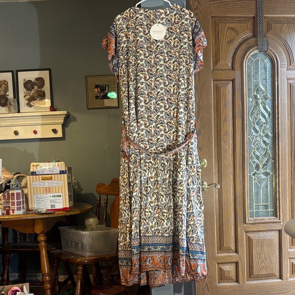 NWT-Bohemian Floral Maxi Dress with Orange and Blue Accents - Picture 3 of 13